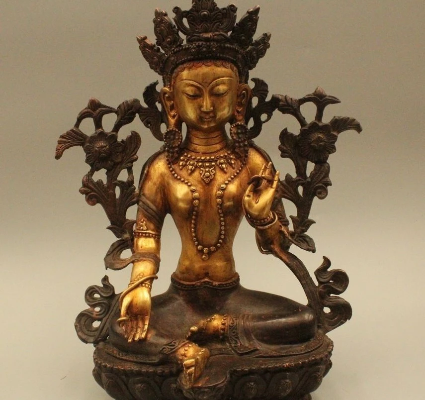 

15"Chinese Tibet Tibetan Buddhism Bronze Gild Old Green Tara Kwan-Yin Statue