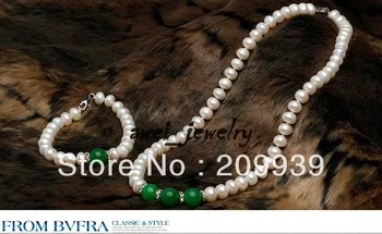 

8-9mm White Pearl Green jade 12mm Crystal Pendant Necklace & bracelet set