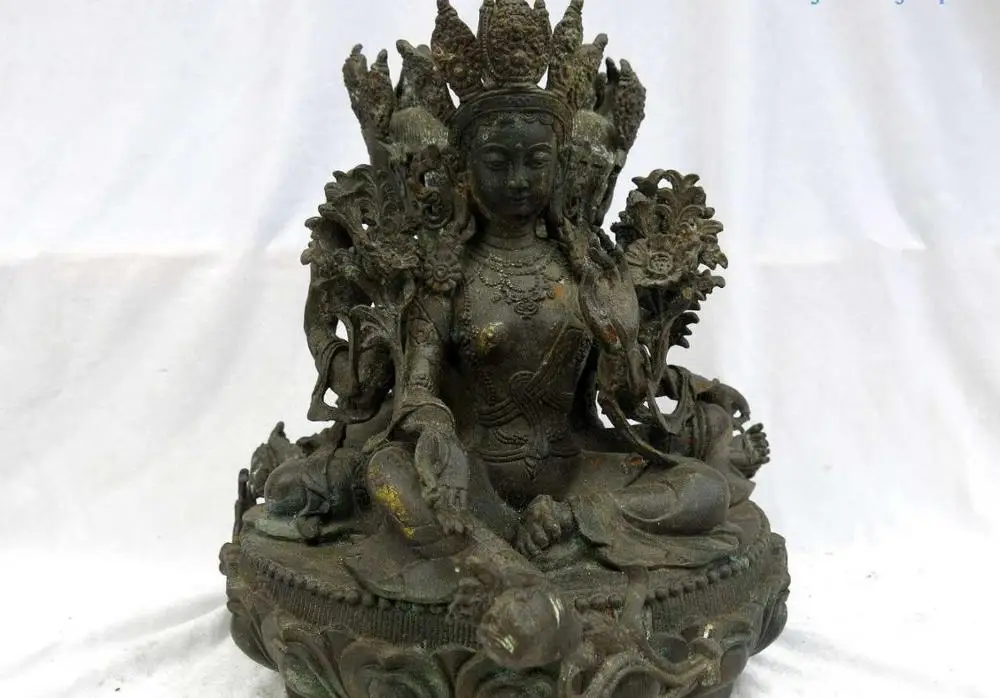 

11" China old bronze gild sculpture fine associated trihedron Green Tara statue