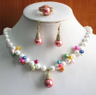 

Miss charm Jew.503 Fashion Women'S 8mm Mixed Color Pearl/Crystal Necklace Earring Ring Jewelry Set (A0423)