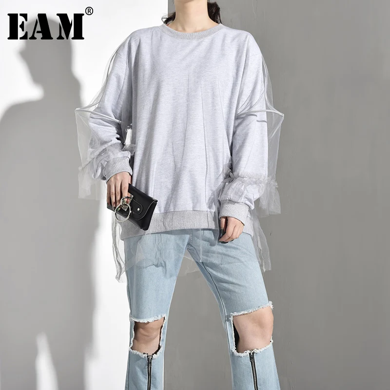 

[EAM] 2019 New Autumn Winter Round Neck Long Sleeve Gray Loose Mesh Stitch Big Size Personality Sweatshirt Women Fashion LA753