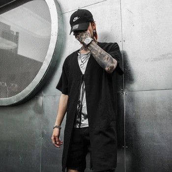 

Summer Short sleeve Linen shirts collarless for men Loose Black color V neck Big pockets Punk style