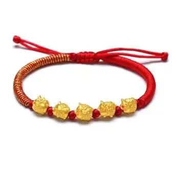 Настоящий 999 24 K Желтый 3D Золотой год свиньи браслет Маленькая свинья Зодиак плетение красная веревка для женщин мужчин женский браслет 16 см - Цвет камня: 5 PCS Pig(Color)
