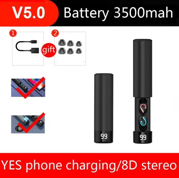 CBAOOO TWS 5,0 Bluetooth 8D стерео наушники беспроводные наушники IPX7 водонепроницаемые наушники мини-гарнитура с внешним аккумулятором 3500 мАч - Цвет: YES phone charging