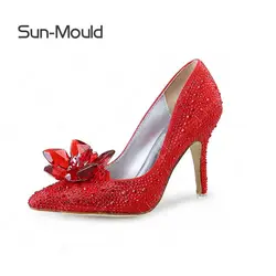 Красный со стразами обувь с украшением в виде кристаллов цветок клипы Высокие каблуки сандалии на плоской подошве Насосы свадебные туфли