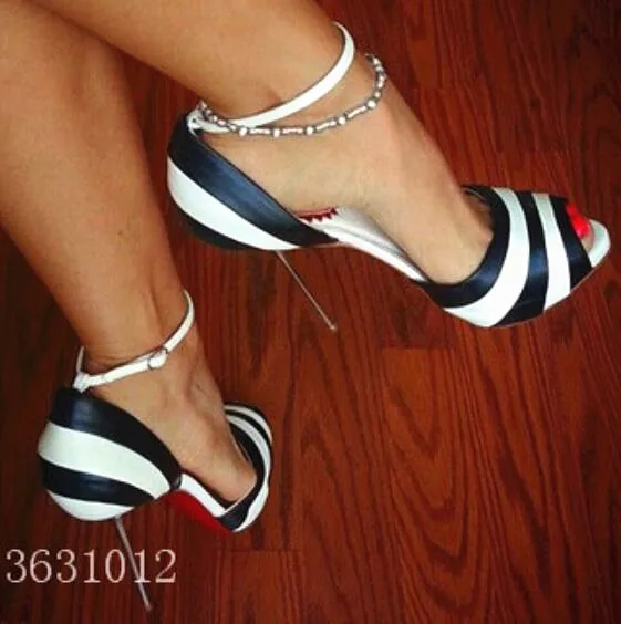 

Hot Fashion White Black streak Peep Toe Women Pumps Metal Thin High Heels Sexy Women Ankle Strap sandals Wedding Shoes Woma