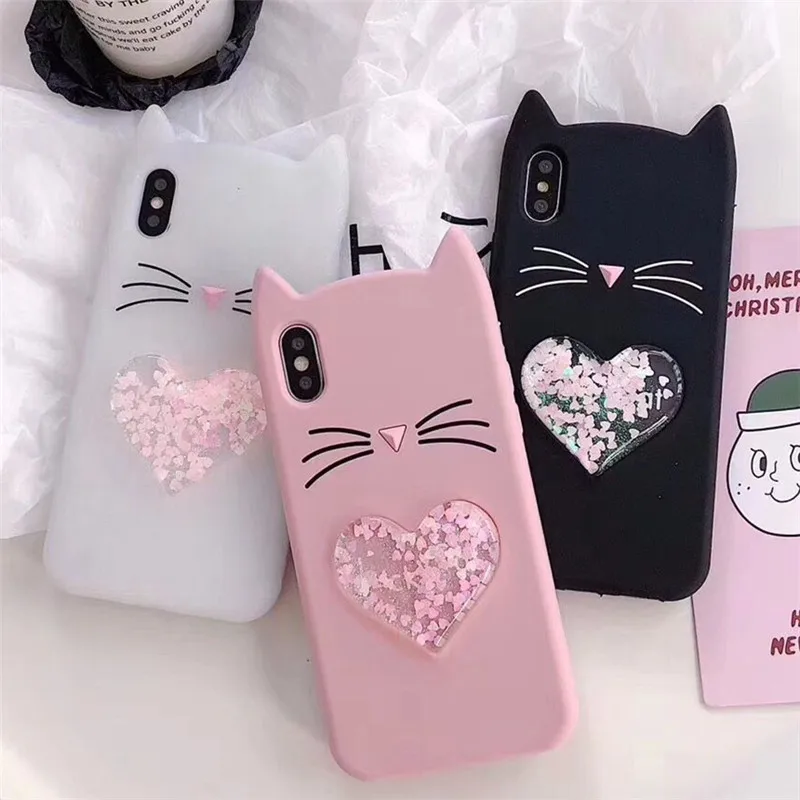 

3D Cartoon Cat Love Quicksand Soft Silicone Phone Case For iphone X 6 6S 7 8 Plus Back cover For iphone X 7plus 8 8plus Cases