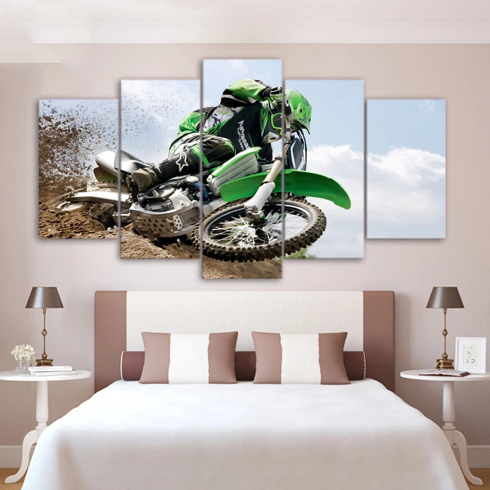 

Modern Home Wall Art Decor Frame Pictures Art HD 5 Pieces Kawasaki Green Motocross Printed Oil Painting On Canvas Poster