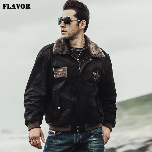 Kожаная куртка мужская пилот FLAVOR, темно-коричневая теплая лётная куртка из натуральной кожи, кожаный бомбер, на зиму - Цвет: Dark Brown