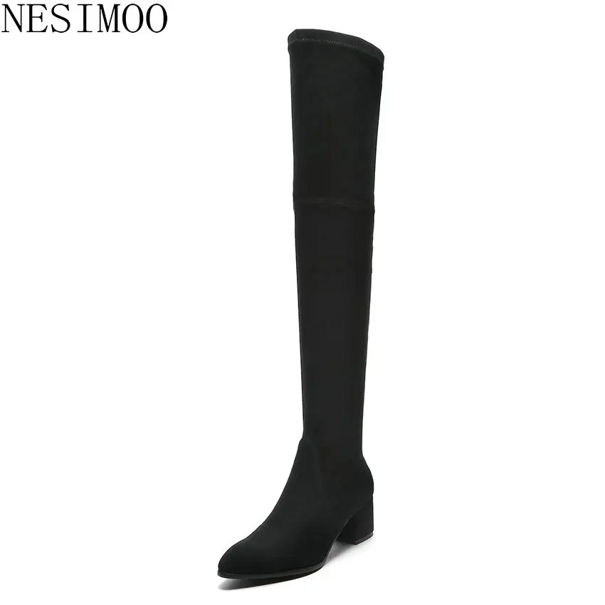 

NESIMOO 2019 Women Over Simple And Fashion Flock Pointed Toe The Knee High Boots Square Med Heel Shoes Concise Solid Size 34-39
