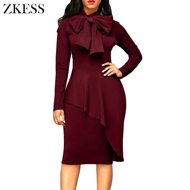 Burgundy-Asymmetric-Peplum-Style-Pussy-Bow-Dress-LC61826-3-1 