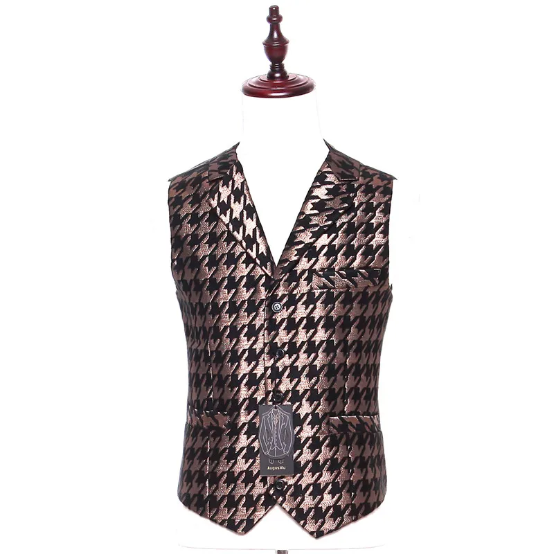 

New Mens Casual Vest Brown Plaid Pattern Wool Wedding Tuxedo Formal Business Blazer Waistcoat Prom Party Evening Chalecos Hombre