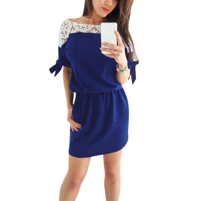 

Summer Dress Fashion Lace Patchwork Bow Pockets Hollow Out Women's Batwing Sleeve O-Neck Casual Loose Mini Dresses 2018