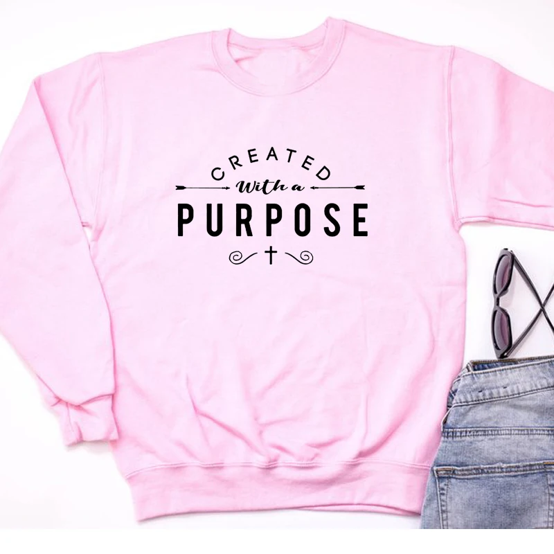  Created with A Purpose Graphic Sweatshirt Christian Religion Aesthetic Hoodie Women Pullovers Top J