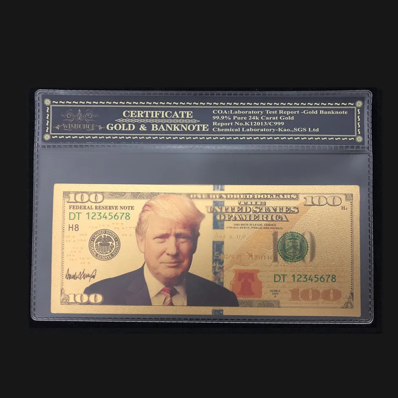 

Newest USA Trump Banknotes 100 Dollar Gold Banknotes in 24k Gold With COA Frame For Collections Currency Crafts