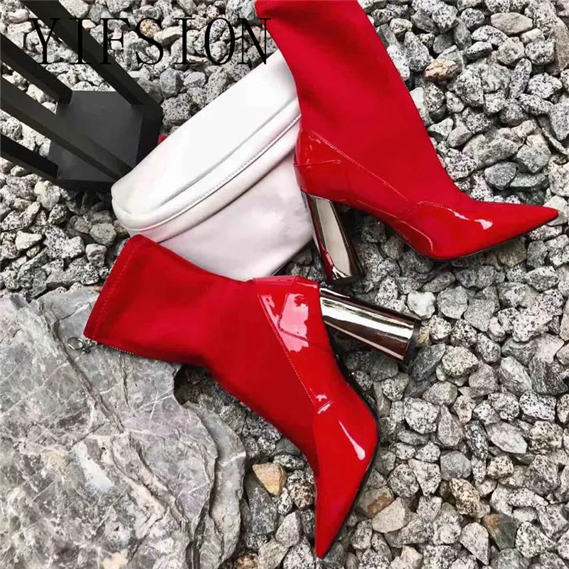 

OLOME New Fashion Black Red Sexy Pointed Toe Front Zip Women Boots Chunky High Heel Women Autumn Boots Sock Ankle Shoes Woman