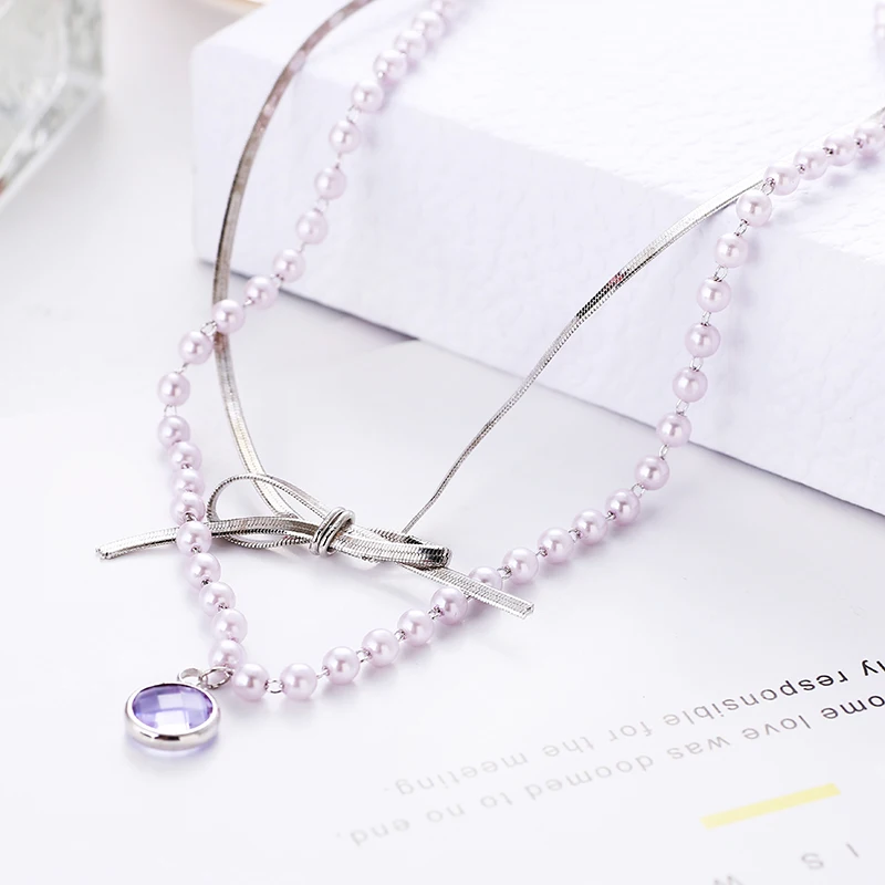 

2019 Trendy Pearl Bead Double Layers Necklace Copper Metal Rhodium Plating Chains Zirconia Pendant XIUMEIYIZU Wholesale Jewelry