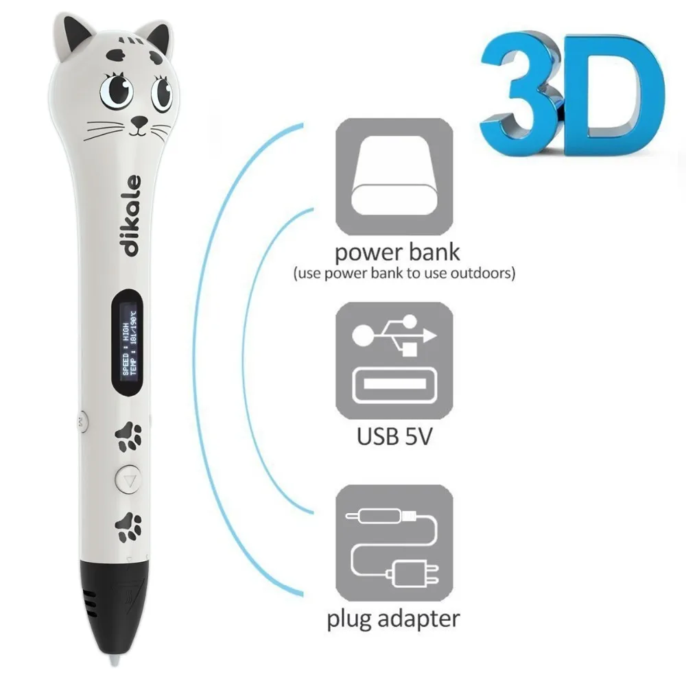 3d ручка Dikale для рисования с милым котом печати USB OLED карандаш Бесплатная нить 12 м