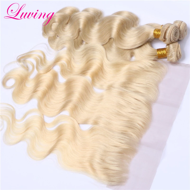 #613 13X4 Russian Body wave lace frontal closure with bundles human hair wave Blonde virgin hair weaves with frontal 4 pcs lot