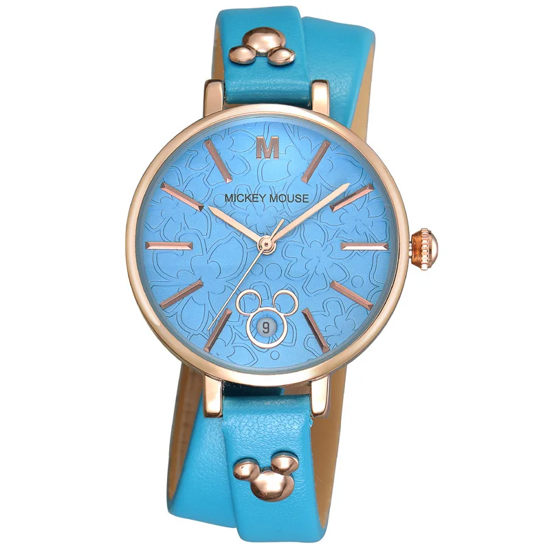 Женские часы роскошные золотые disney Микки Маус женские часы кожа четверть 30 м водонепроницаемые женские наручные часы Лидирующий бренд - Цвет: Синий
