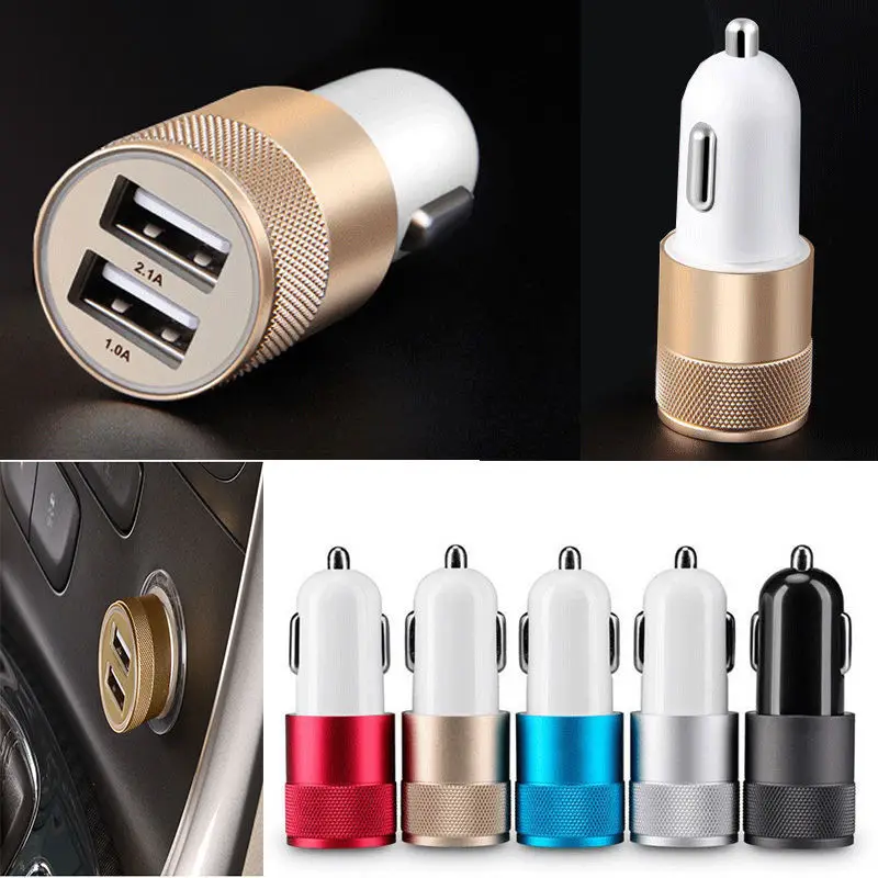 

Double USB Car Charger Charging Metal Flat Mobile Phone Universal Charging 2.1V Small Steel Cannon Car Charger