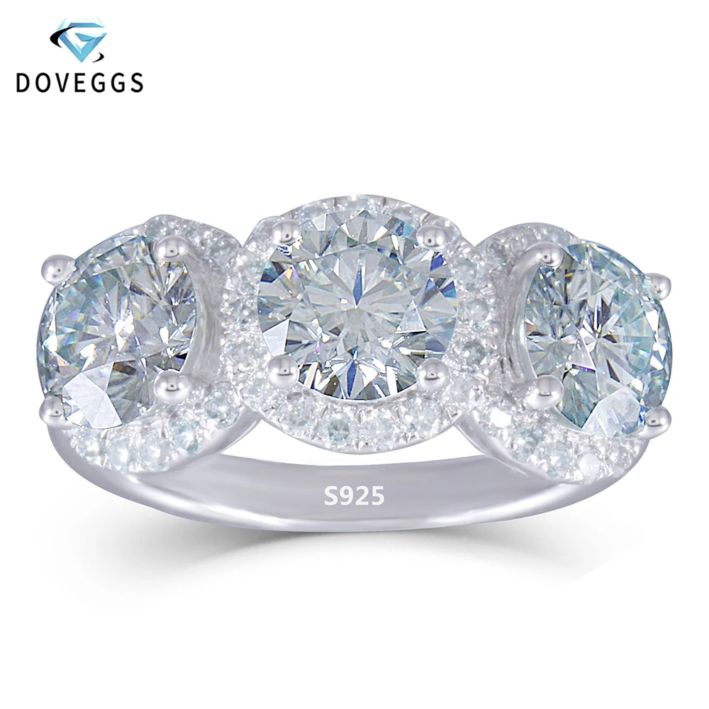 

DovEggs Romantic 3 Stone Engagement Ring for Women 3CTW 6.5mm Slight Blue Moissanite Ring Platinum Plated Silver Sterling 925