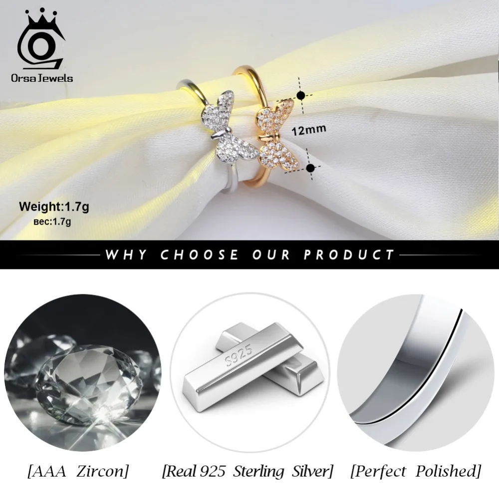 ORSA JEWELS Genuine 925 Sterling Silver Women Rings Cute Butterfly Silver&Gold Color AAA Cubic Zircon Fashion Ring Jewelry SR59