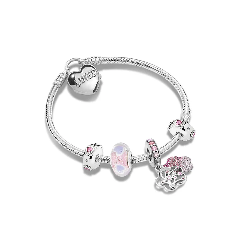 

New 925 Sterling Silver Peach Blossoms Flower Knotted Heart Charm Set Bracelet Fit Original Women Charm Bracelet DIY Jewelry