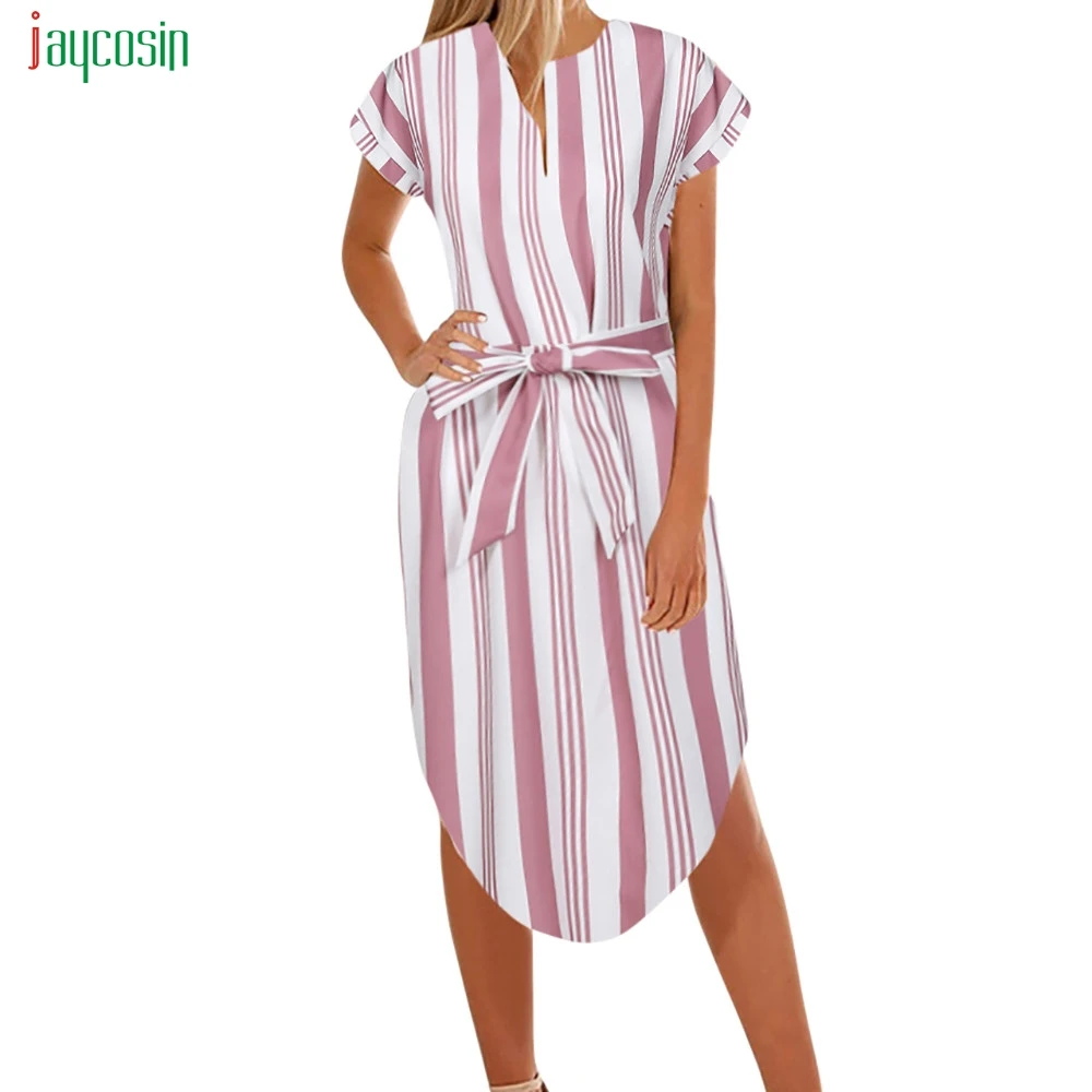 

Jaycosin Women's Casual Striped Straight Dress Ladies Casual Short Sleeve Dress Lightweight V-neck Hot Sales Vestidos De Festa