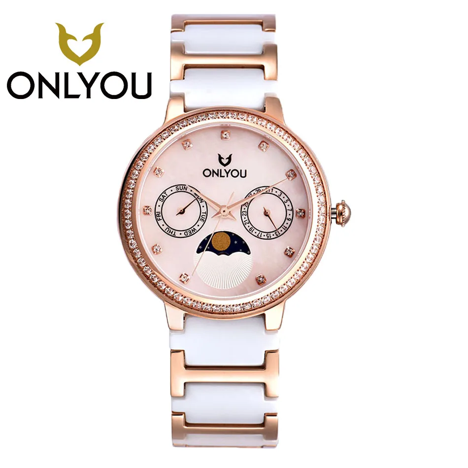 Goedkoop ONLYOU2017 Diamant Dames Keramische Horloge Luxe Merk Rose Gold Armband Horloges met Fijne Stalen Band Womens Horloges Groothandel