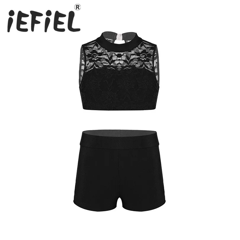 

Children Kids Girls Athletic Outfit Sleeveless Floral Lace Tank Top with Bottoms Set for Ballet Dance Gym Workout Performance