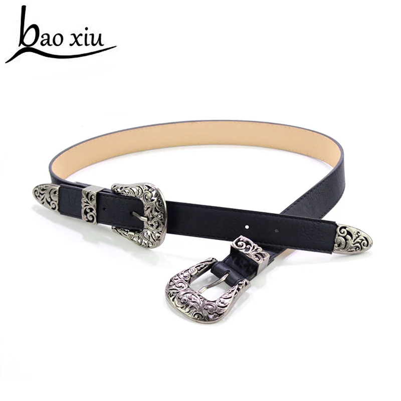 New vintage hollow metal leather belt Women double buckle gold silver long belt leather belt ...