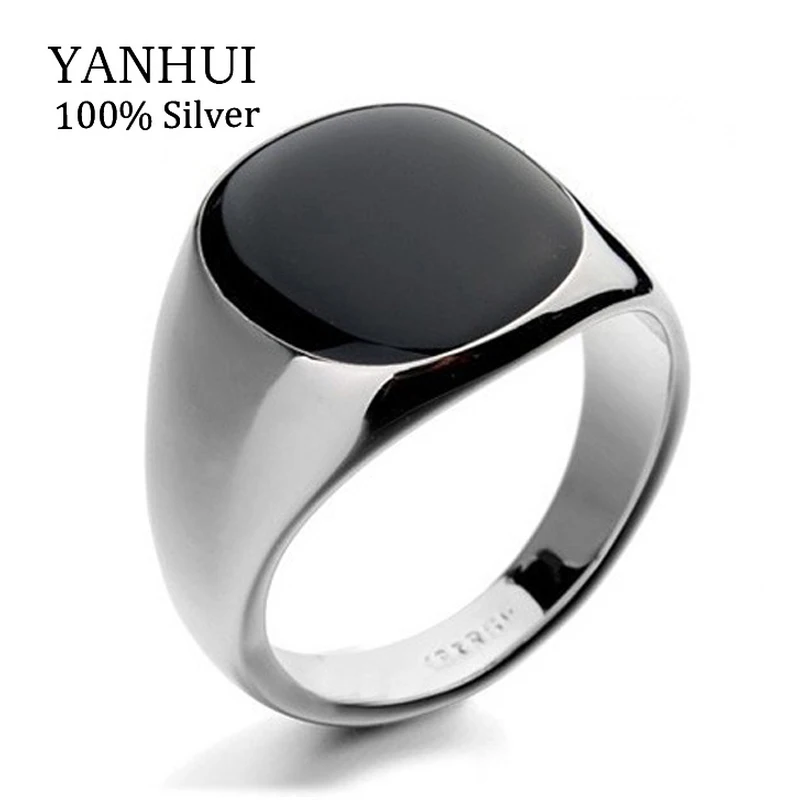 

YANHUI Hot Sale Fashion Men's Black Wedding Rings For Men With 18KRGP Stamp Gold Color Black Onyx Stone Ring Men Jewelry R0378