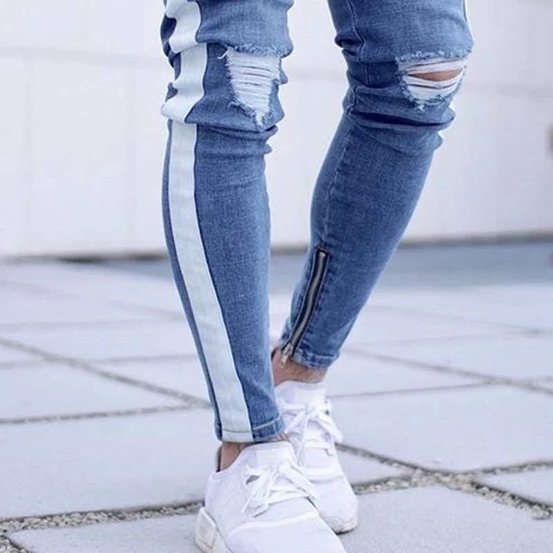 Джинсы для мужчин дизайнер огорчен стрейч джинсы синие обтягивающие джинсы Рваные облегающие для парней размера плюс мода хип-хоп