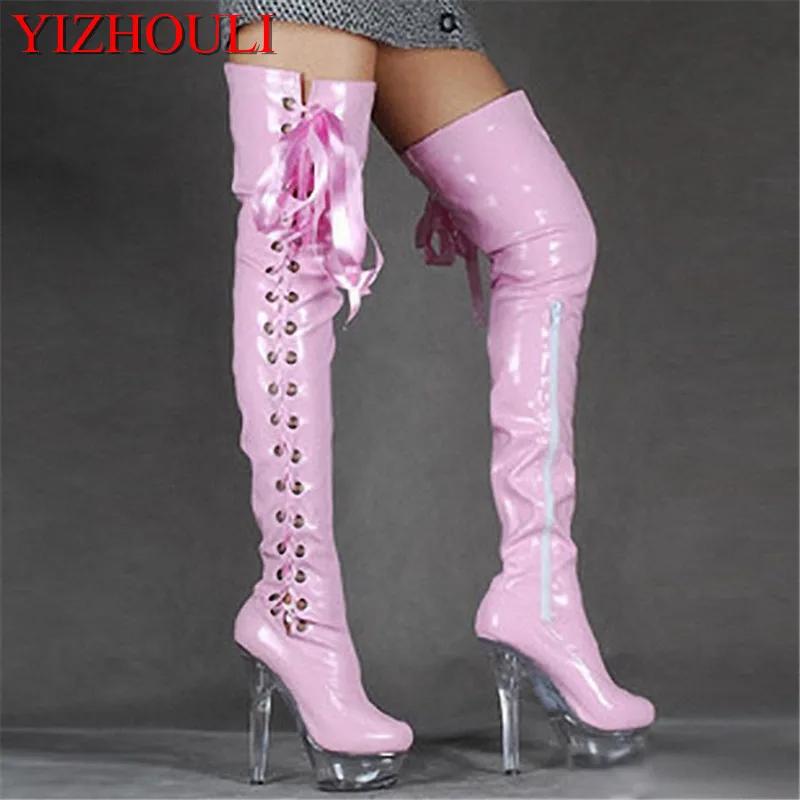 

15cm high-heeled shoes crystal cutout boots lacing over-the-knee platform boots Thigh High Boots for Women 6 inch ladies' boots