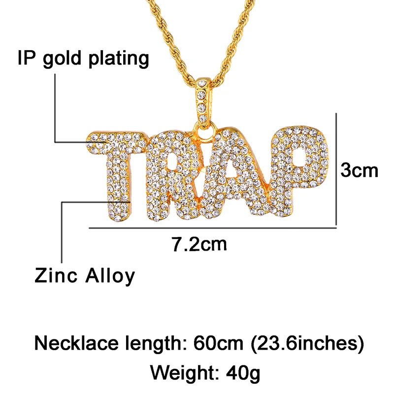 D&Z Men's Hip Hop Full Rhinestone TRAP Letters Pendant Necklace with Twisted Rope Chain Collier For Male