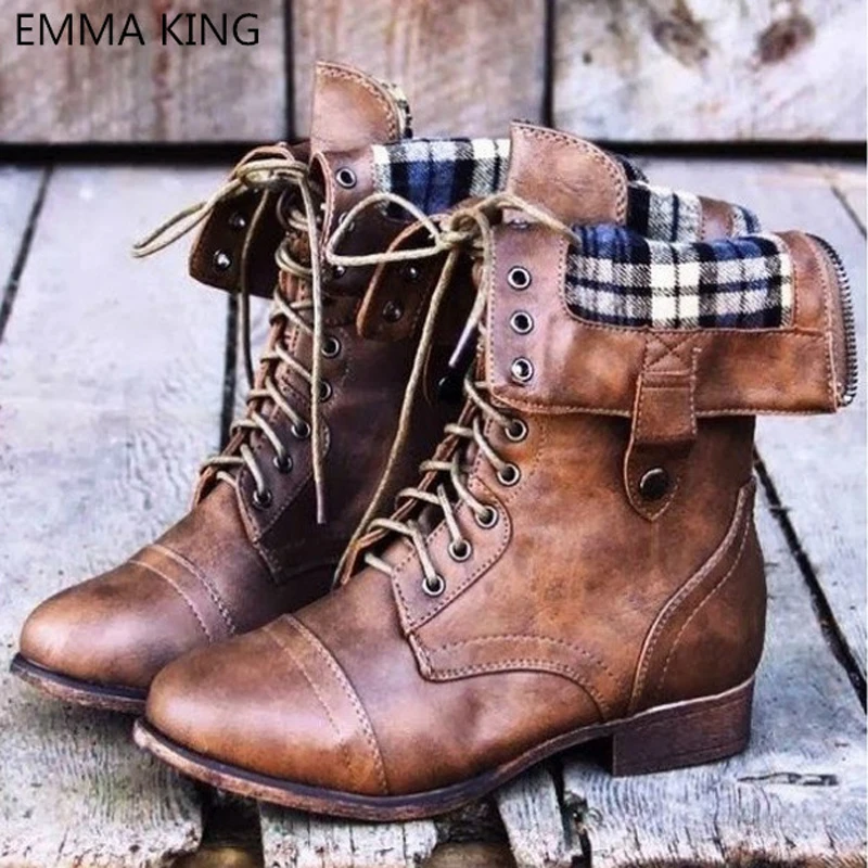 

EMMA KING women motorcycle boots solid cross-tied revits Rubber sole lace up mid-calf boots with 2CM heel can long and short