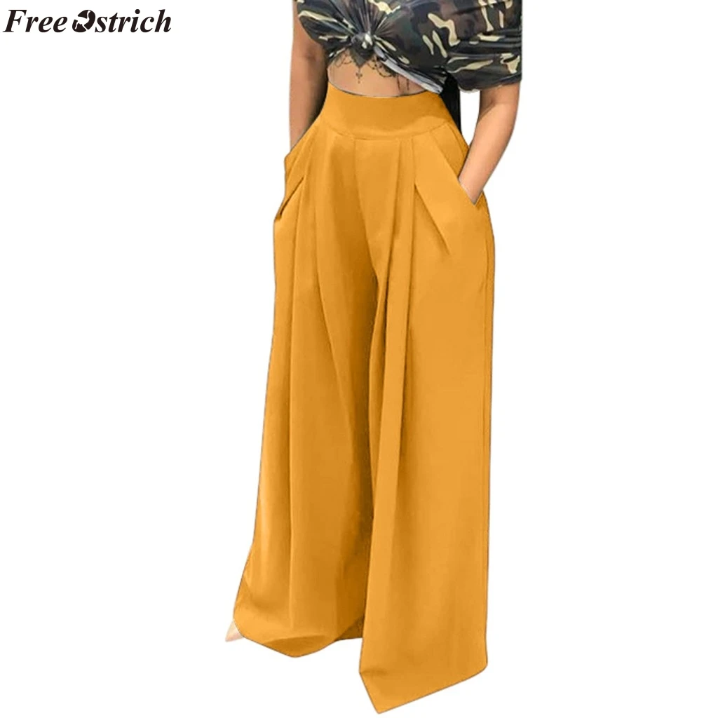 

FREE OSTRICH Women Casual Loose Pants Autumn High Waisted Wide Leg Trousers Pleated Long Culottes Elastic Waist Trouser Pockets