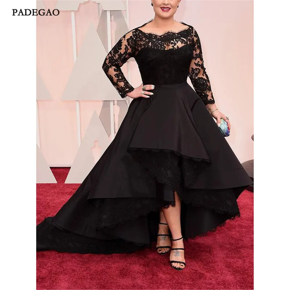 Princess Bateau Long Sleeves Lace Asymmetrical Satin Plus Size Dresses