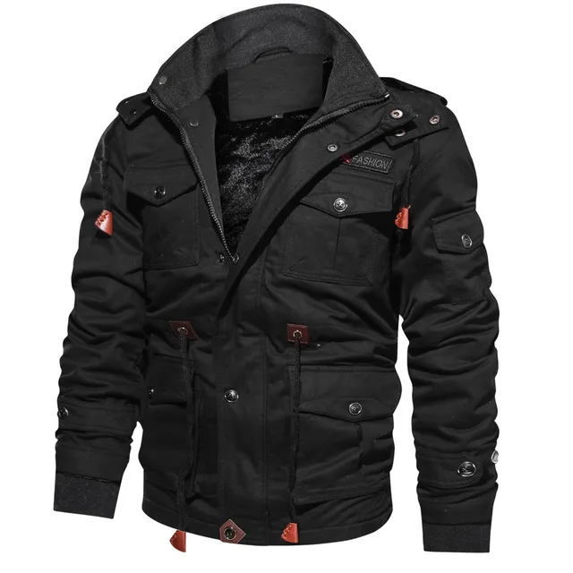 Прямая, брендовые Зимние флисовые куртки, мужские теплые пальто с капюшоном, теплая толстая верхняя одежда, мужская военная куртка, мужские большие размеры 4XL - Цвет: Черный