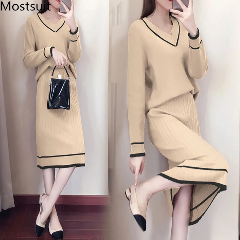 

Autumn Winter Knitted Two Piece Sets Outfits Women V-neck Sweater And Skirt Suits Tracksuits Elegant Casual Fashion 2 Piece Sets