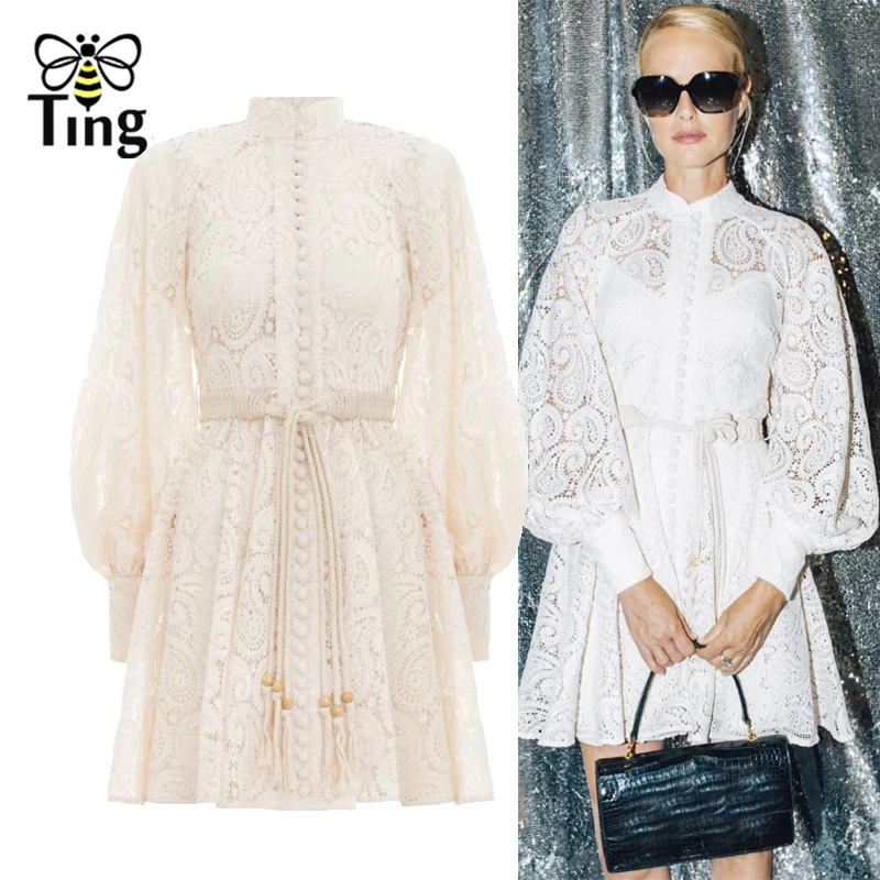 

Tingfly Designer Lace Mini Dress Women Casual Hollow Cut Out Autumn Short Dress Single Breasted Button Dresses with Waistband