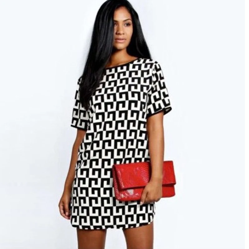 

2019 Summer Women Dress Plus Size Vintage Casual Black White Plaid Vintage Dress Elegant Short Sleeve Party Dresses Vestidos