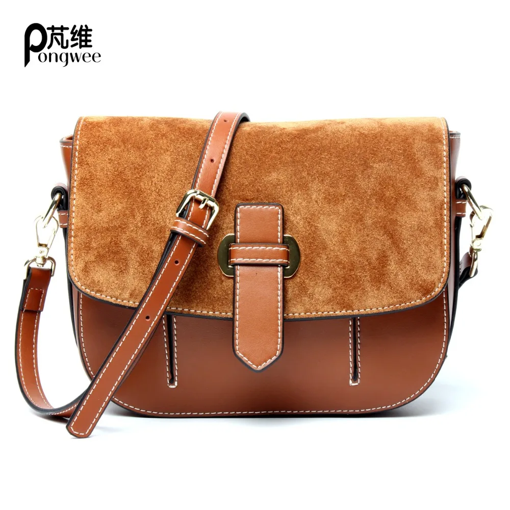 

PONGWEE 2018 New Matte Cowhide Leather Stitching Saddle Bag Ladies Shoulder Bag Diagonal Package Leather Handbags