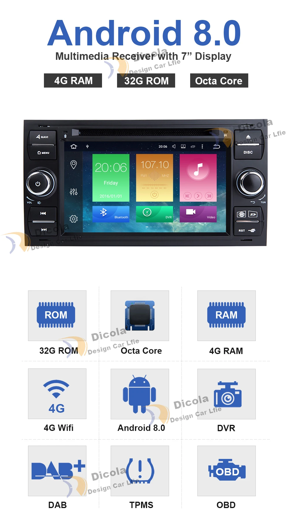 Best Android 8.0 4G+32G Octa Core 2 din Car DVD PLAYER For Ford Mondeo S-max Focus C-MAX Galaxy Fiesta Form Fusion Radio stereo 5