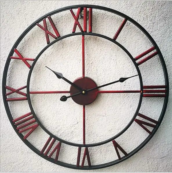 16-19 дюймов настенные часы 3D римские винтажные большие металлические настенные часы круглые Ретро полые железные немые кварцевые часы для гостиной - Цвет: Red Roman Clock