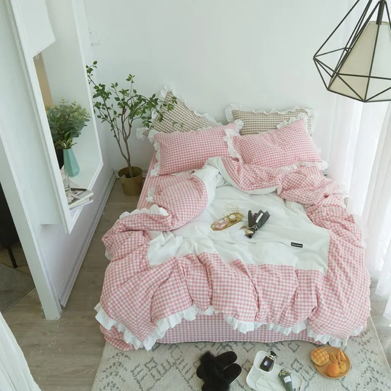 2018 Washed cotton Bedding Set plaid king queen twin size bed sheet