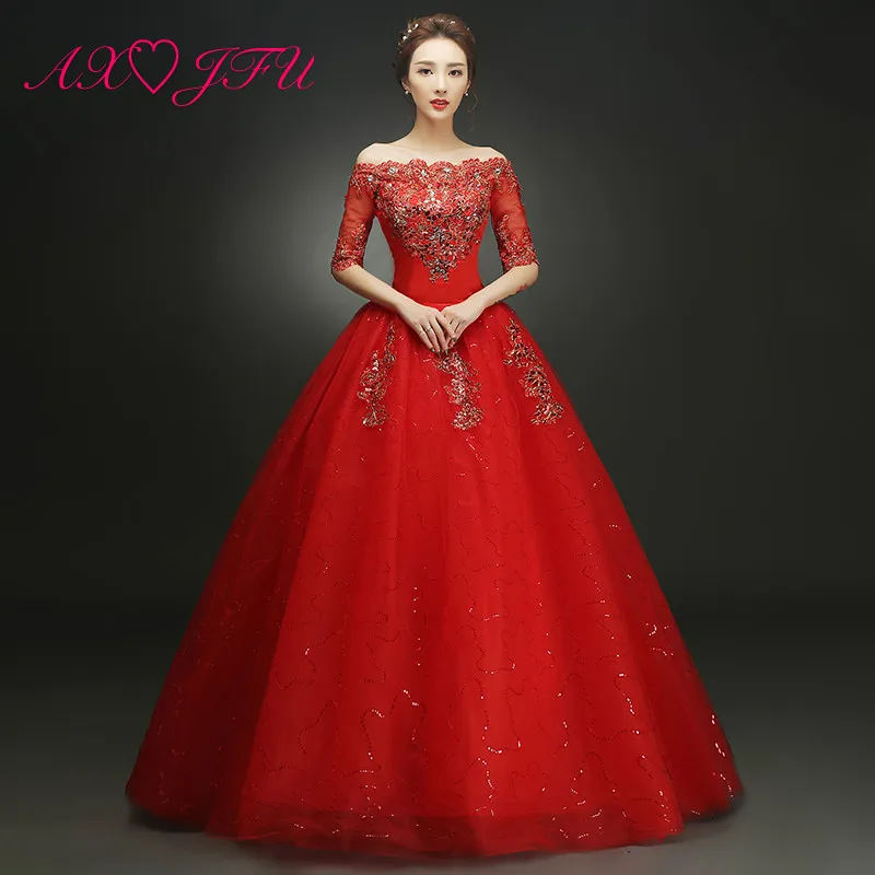 

AXJFU Flower princess red lace wedding dress party princess boat neck half sleeve beading sparkly white lace wedding dress