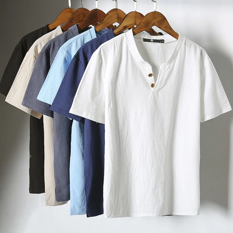 2017 Summer Japanese Style Linen Restoring Ancient Ways Solid Color Short Sleeves Men Thin T-shirt Cotton Menswear | Мужская одежда
