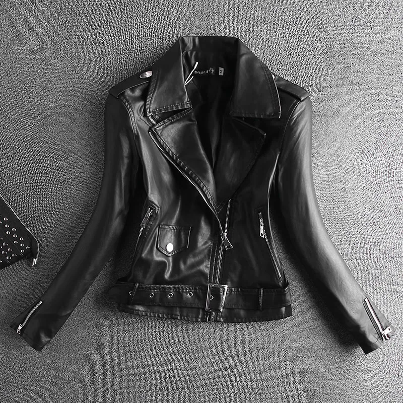 Куртка из искусственной кожи искусственная(Для женщин карманы на шнуровке длинный рукав короткий Длина однотонные рубашки с отложным воротником с застежкой-молнией и стандартной толщины